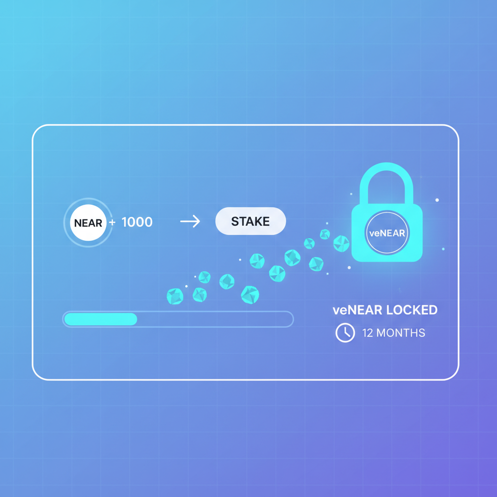 wallet interface staking NEAR coins transforming into glowing veNEAR lock icon