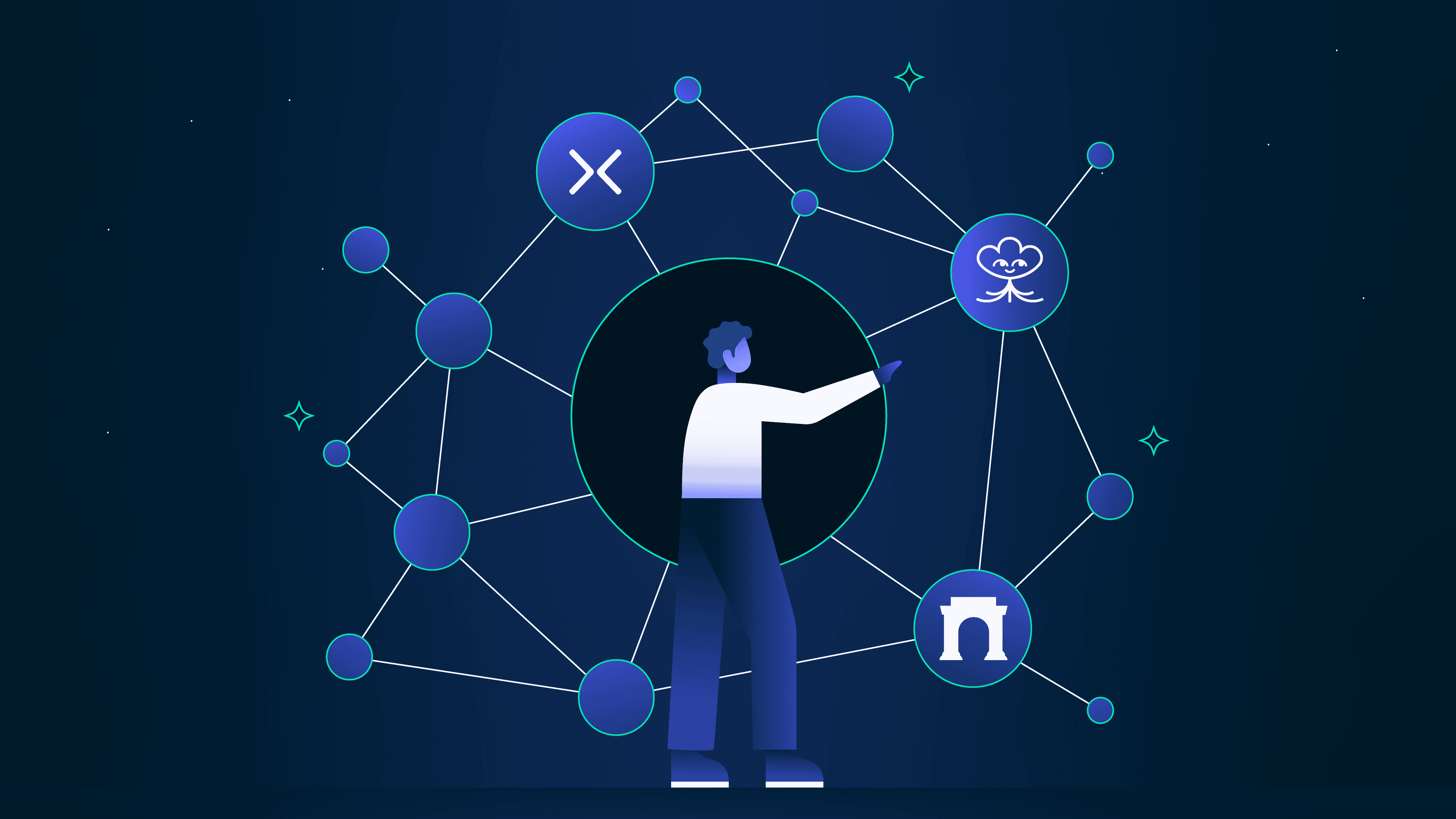 Illustration of users earning governance tokens through social media activity on a blockchain network, representing decentralized reputation rewards in Web3 communities.