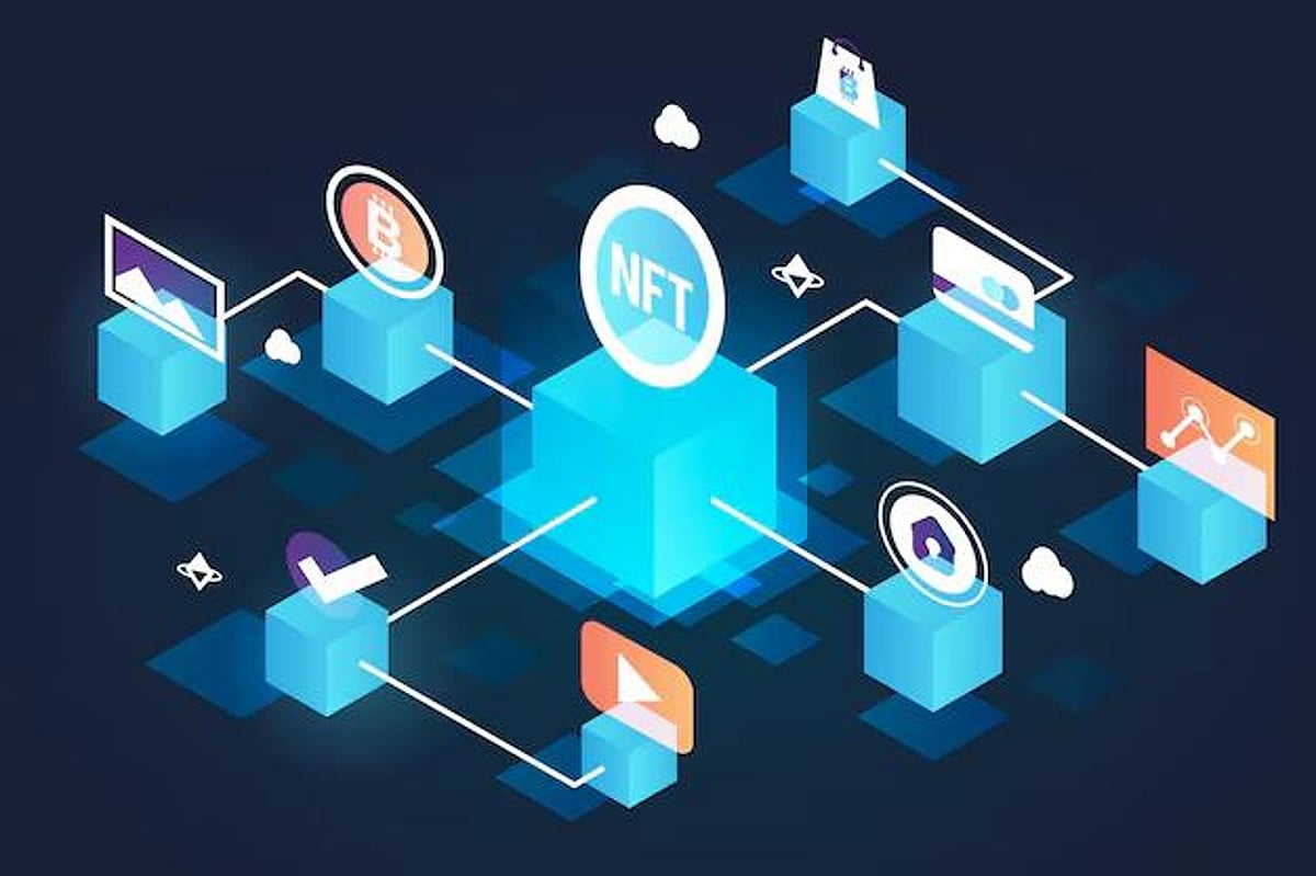Vibrant illustration of social media icons like Twitter and Discord connecting to blockchain tokens and digital reputation scores, representing on-chain reputation rewards.