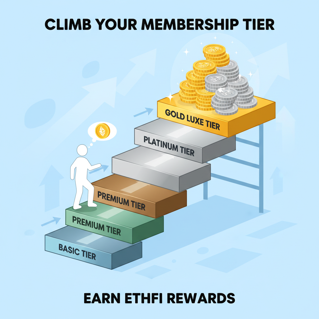 membership tier ladder climbing, gold luxe tier top, ethfi coins stacking, motivational chart