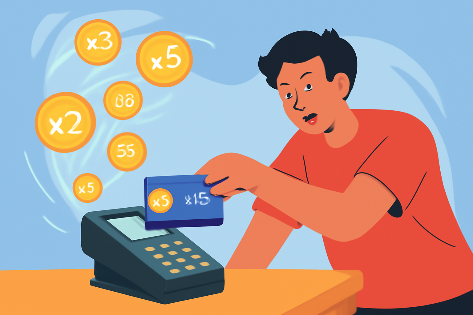 person swiping crypto card at store terminal, points multipliers raining down, dynamic action scene