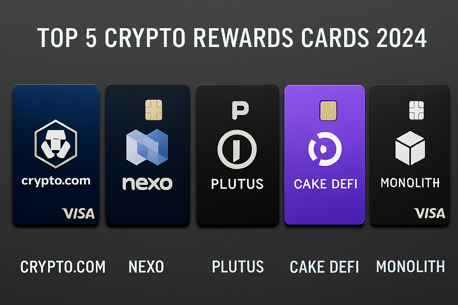 Lineup of top five crypto rewards cards for 2024—Crypto.com Visa (CRO), Nexo Card (NEXO), Plutus Card (PLU), Cake DeFi Card (DFI), and Monolith Visa (MKR/DAI)—each card featuring its governance token logo, representing DeFi participation and crypto cashback.