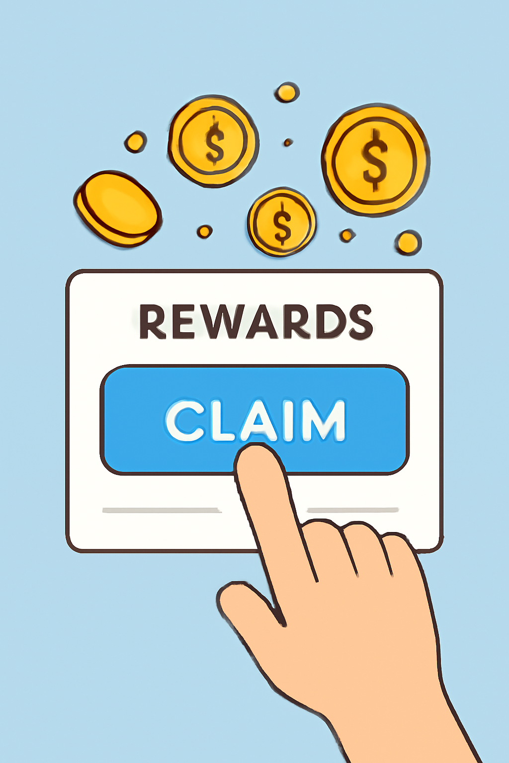 A finger clicking a 'Claim' button on a digital rewards dashboard, with coins and tokens popping out.