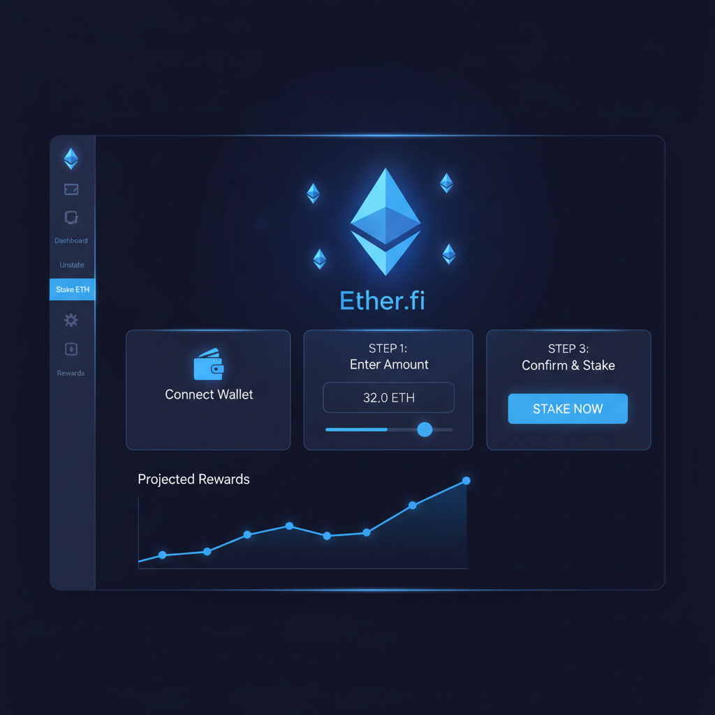 Futuristic ETH staking interface on Ether.fi platform, glowing blue Ethereum symbols, clean UI dashboard