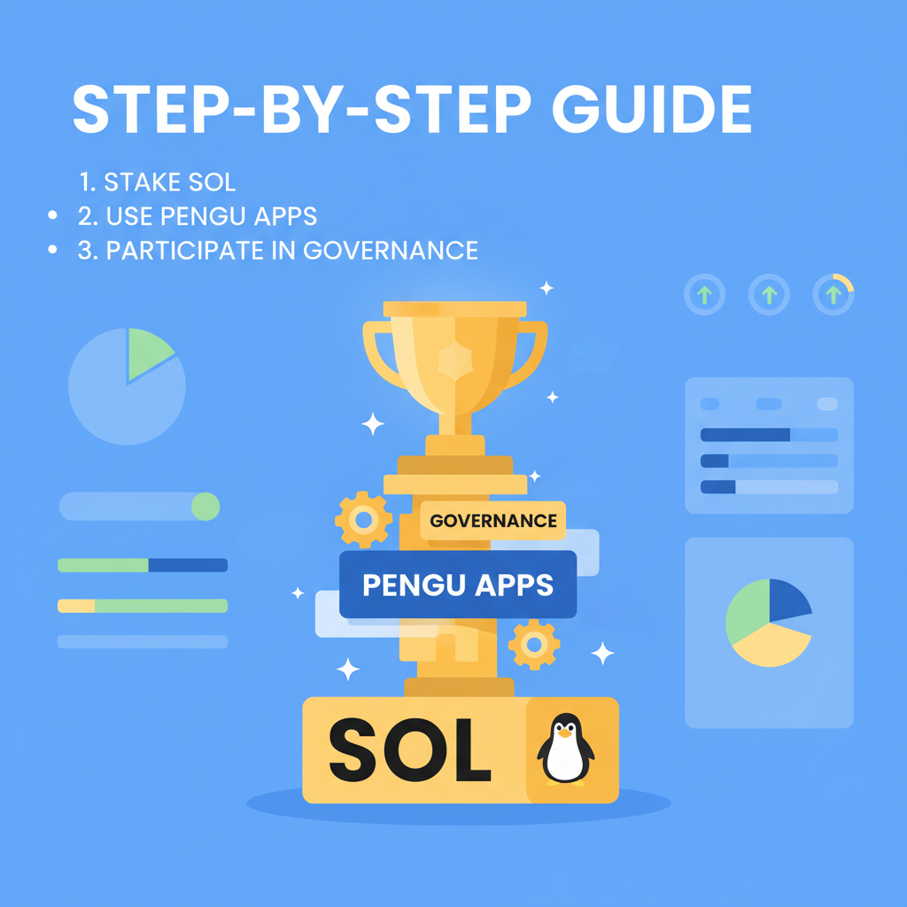 stacked crypto elements card SOL PENGU apps forming golden governance trophy, motivational power user dashboard
